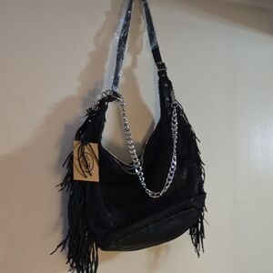 Ash Black Hobo Bag with Fringe and Chain